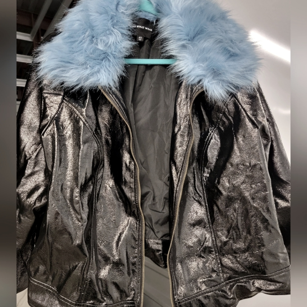 Faux fur Leather Blue collar jacket